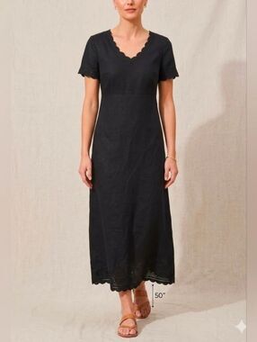 Mercer & Madison Black Linen Embroidered Scalloped V-Neck Maxi Dress 12